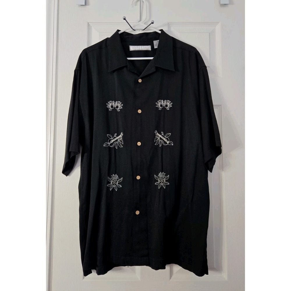Monte Carlo Black Embroidered Woven Button-Up Shirt Men's Size L Short Sleeve